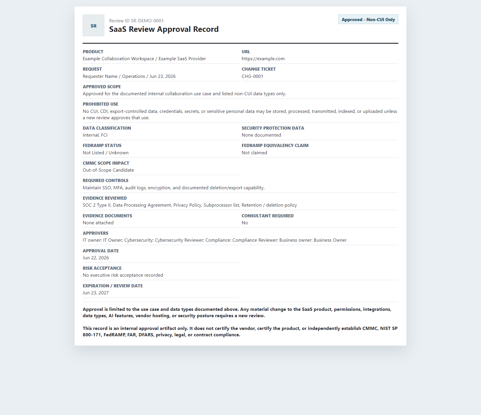 Approval record screenshot showing a neutral example review with decision, scope, evidence, approvers, and review date.